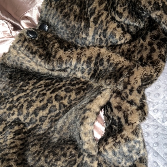 Free People large About Town Hooded faux fur leopard print coat jacket flaws - Picture 13 of 16